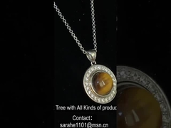 Pour les femmes, pendant en pierre précieuse en argent 925 rond en rhodium plaqué, pendant en pierre de l'œil de tigre