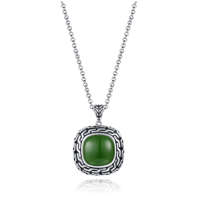 vert pendant Jade Pendant de coussin de la chaîne 14x14mm de perle de la pierre gemme 9.48g 925 argentée