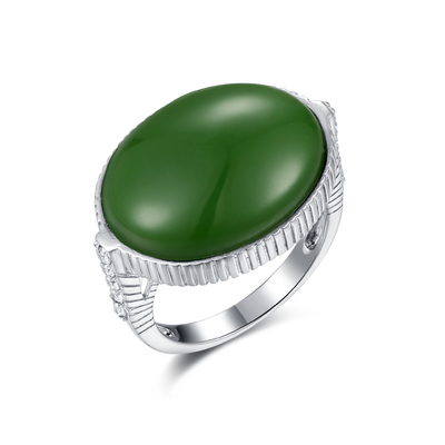 Forme d'ovale de Jade Ring Sterling Silver 16x20mm de vert de pierre porte-bonheur de Sagittaire
