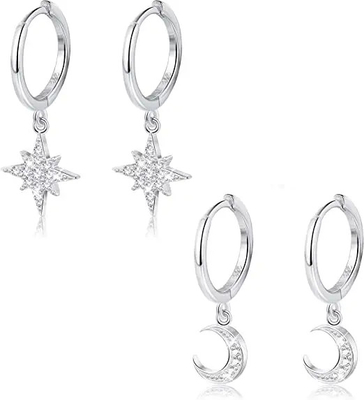 Boucles d'oreille argentées de la CZ de la lune 925 de Sun, boucle d'oreille d'étoile de lune plaquée par rhodium