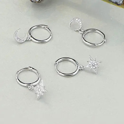 Boucles d'oreille argentées de la CZ de la lune 925 de Sun, boucle d'oreille d'étoile de lune plaquée par rhodium