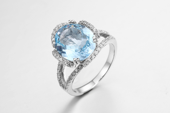 Elegant bleu pierre précieuse anneau rond pour les femmes décontracté / bijoux de fête 925 argent 2,5g