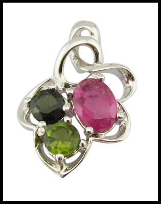 Pendant de pierre précieuse argentée 925 Tourmaline colorée et zircon