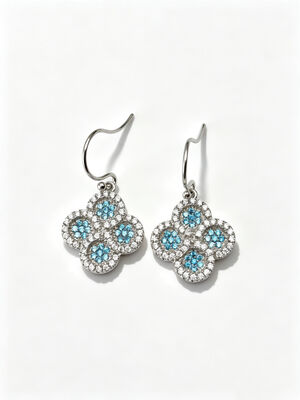 2026 Nouveau été chaud 925 Argent CZ Boucles d'oreilles Rhodium Plaqué Hypoallergénique Lucky Flower Circle Design avec Aquamarin et Blanc AAA CZ pierres