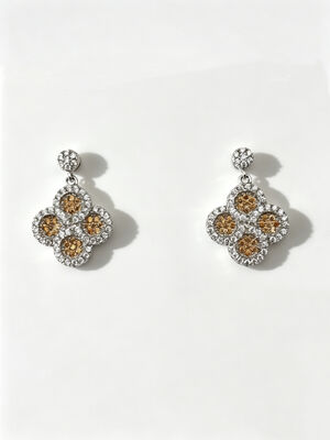 Boucles d'oreilles CZ en argent 925 plaqué rhodium avec pierres CZ champagne foncé en forme de fleur porte-bonheur ronde
