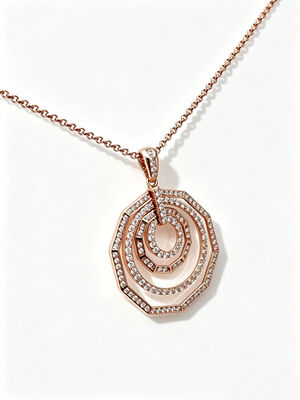 Or Rose Argent 925 Pendentif CZ Géométrique Superposé Octogone Pavé RG 1.5mm Chaîne Rolo Usine de Bijoux Blanc AAA Pavé Pierres CZ Diamètre 25mm Taille 6.40g Poids Total Collier 4 Cercles Superposés