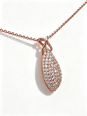 2027 Nouveau pendentif larme, pierres micro-pavées, monture argent poli, design élégant de bélière entrelacée, chaîne rolo en argent 925 CZ RG 1,5 mm, haute brillance, hauteur 29 mm, 5,65 grammes, or rose