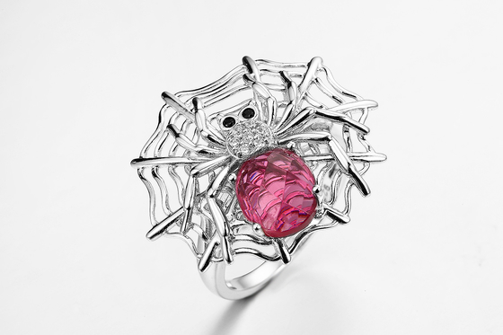 Anneaux argentés Swarovski Sterling Silver Spider Web Ring de pierre gemme du rubis 925 rouges
