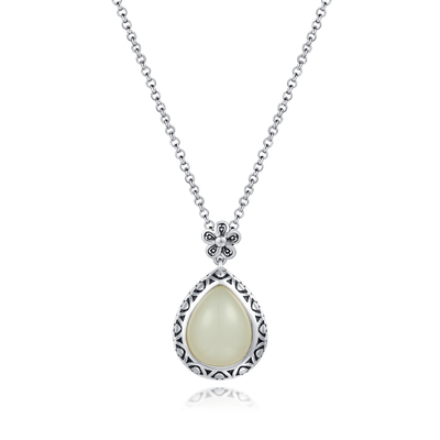 La serrure de fleur a découpé le pendant en pierre argenté en forme de poire blanc de Jade Pendant 12x15mm