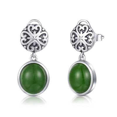 jade de vert d'ovale de 1.54g 925 Sterling Silver Gemstone Earrings 9x10mm
