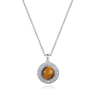 Électrodéposition ronde pendante Tiger Eye Stone Pendant de rhodium de pierre gemme argentée des femmes 925