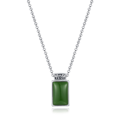 vert pendant Jade Pendant de rectangle de la chaîne 9x14mm de perle de la pierre gemme 2.08g 925 argentée